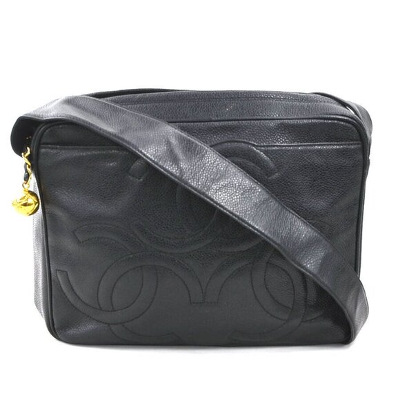 Auth CHANEL Triple CC Logo Shoulder Bag Black Leather/Goldtone - e60035a - Picture 1 of 13